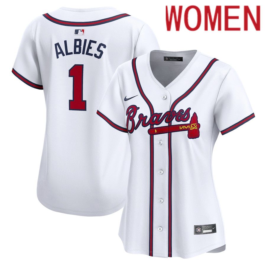 Women Atlanta Braves 1 Ozzie Albies Nike White Home Limited Player MLB Jersey